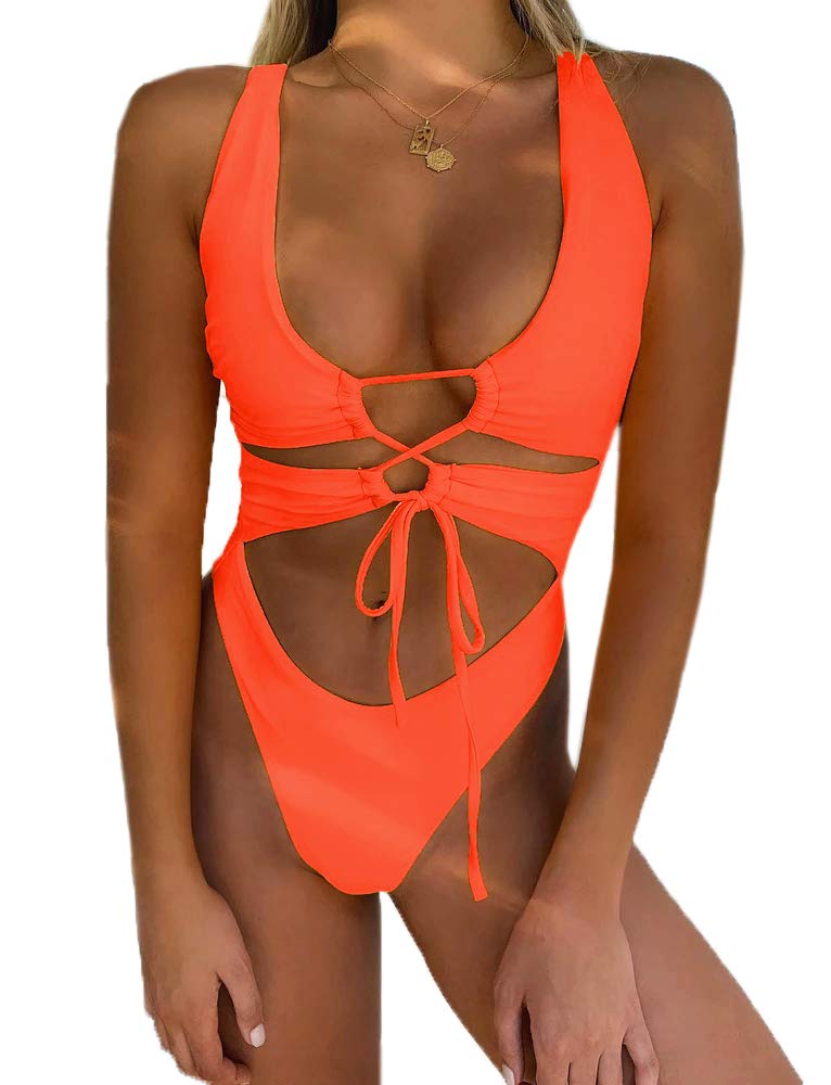 CHYRII Orange Women's Sexy Cutout Lace Up Backless High Cut One Piece Swimsuit Monokini S - Image 1